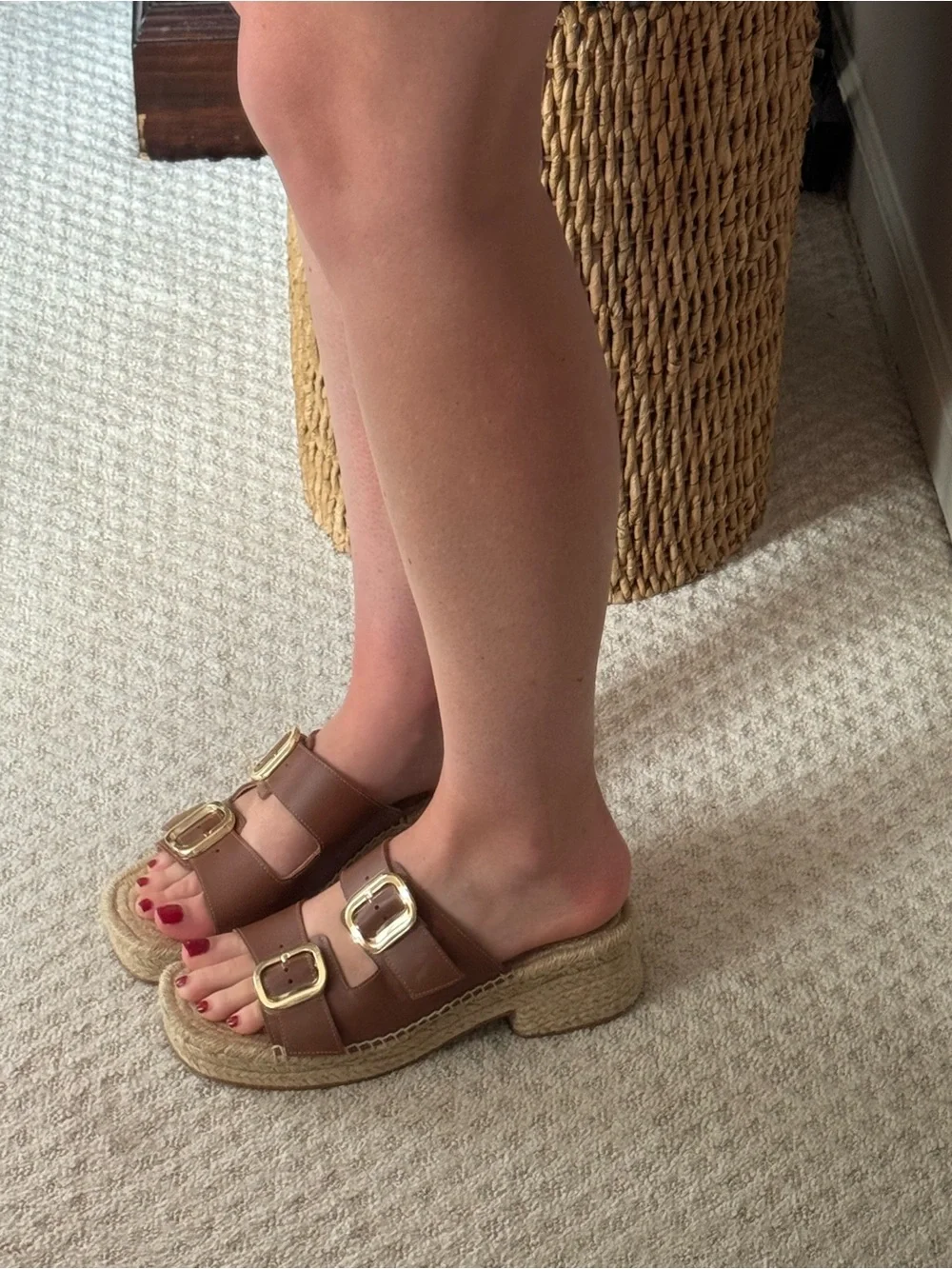 Jcrew Brown Leather Espadrille Platform Slide with Gold Buckles